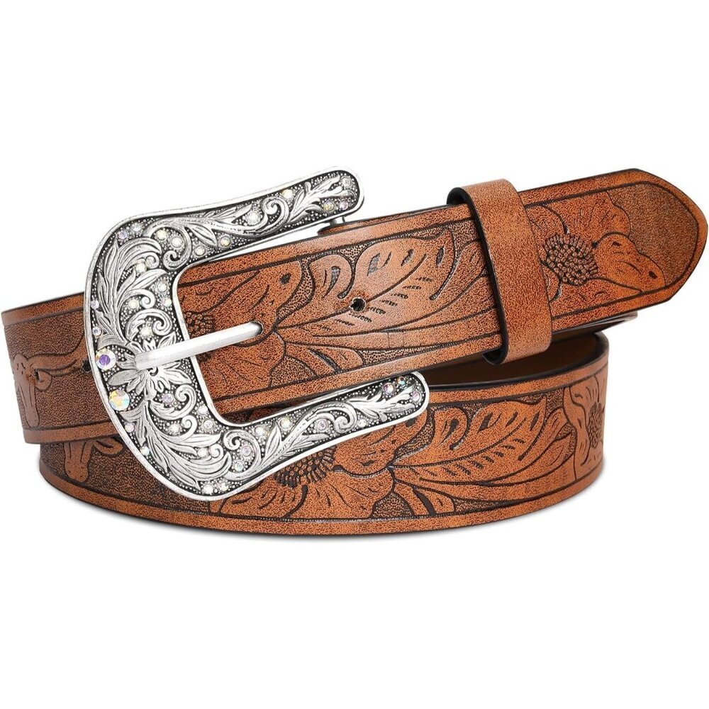Woman's Western Belts Vintage Cowgirl Carved Buckle Belts For Jeans Pants